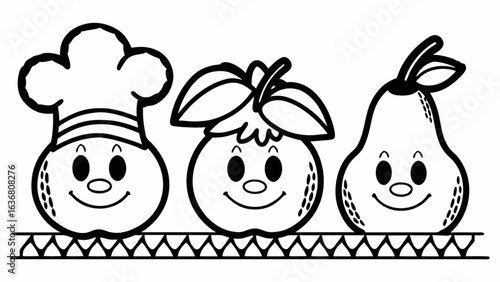 Cheerful fruit chef characters ready to cook up delicious meals for healthy eating and fun
