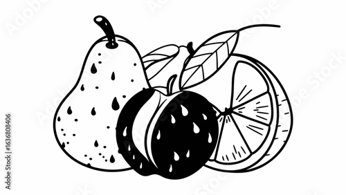 Fresh fruit illustration with pear, apple, and orange slice, perfect for healthy eating and design