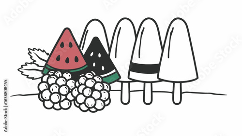 Refreshing summer treats: watermelon, blackberries, and popsicles, perfect for sunny days and fun times