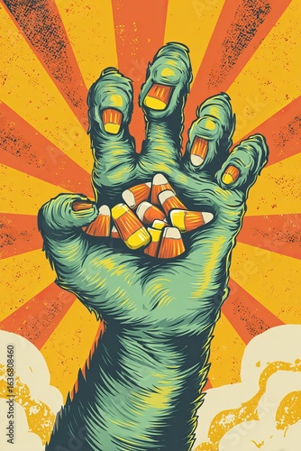Monster hand clutching bright candy corn in a playful retro cartoon style against a vibrant, sunburst background Generative AI