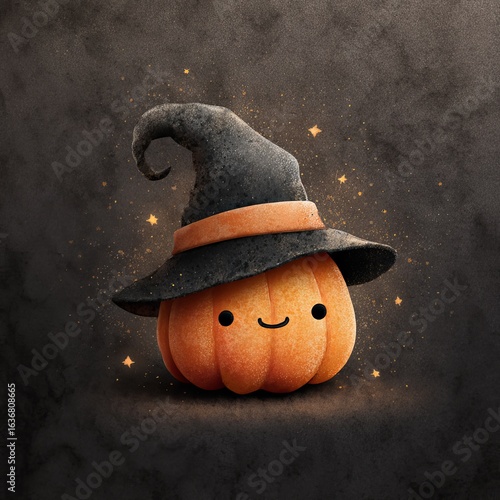 Smiling pumpkin character wearing a wizard hat with magical sparkles in a style design for Halloween festivities Generative AI