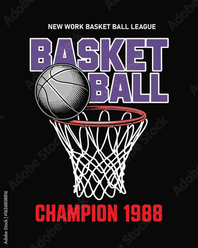 Vintage Basketball T-Shirt Design – Retro Sportswear Graphic Featuring Champion Tournament Theme, College Font Style, New York Basketball League Logo, and Athletic Print for Club Apparel

