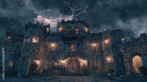 Haunted castle under stormy sky with lightning and ghostly figures in windows during midnight hour Generative AI