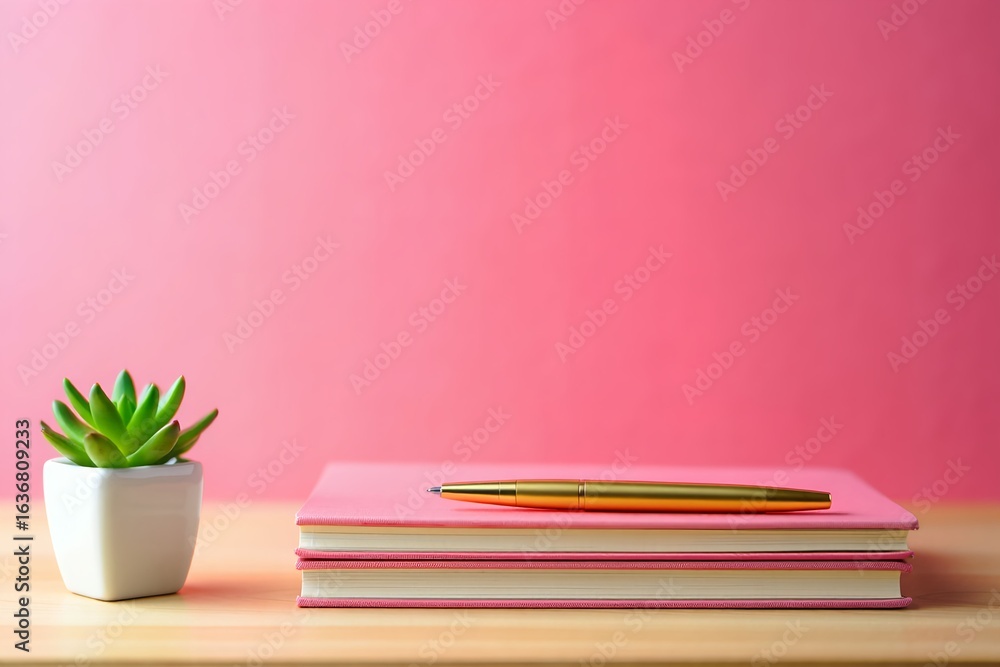 Fototapeta premium Photo of succulent plant and pink notebook with golden pen on wooden desk against pink wall