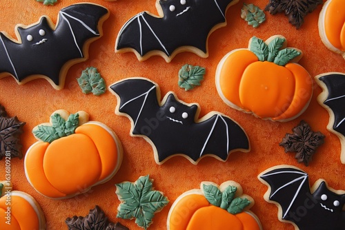 Colorful Halloween cookies shaped like bats and pumpkins on a vibrant orange background perfect for festive celebrations Generative AI
