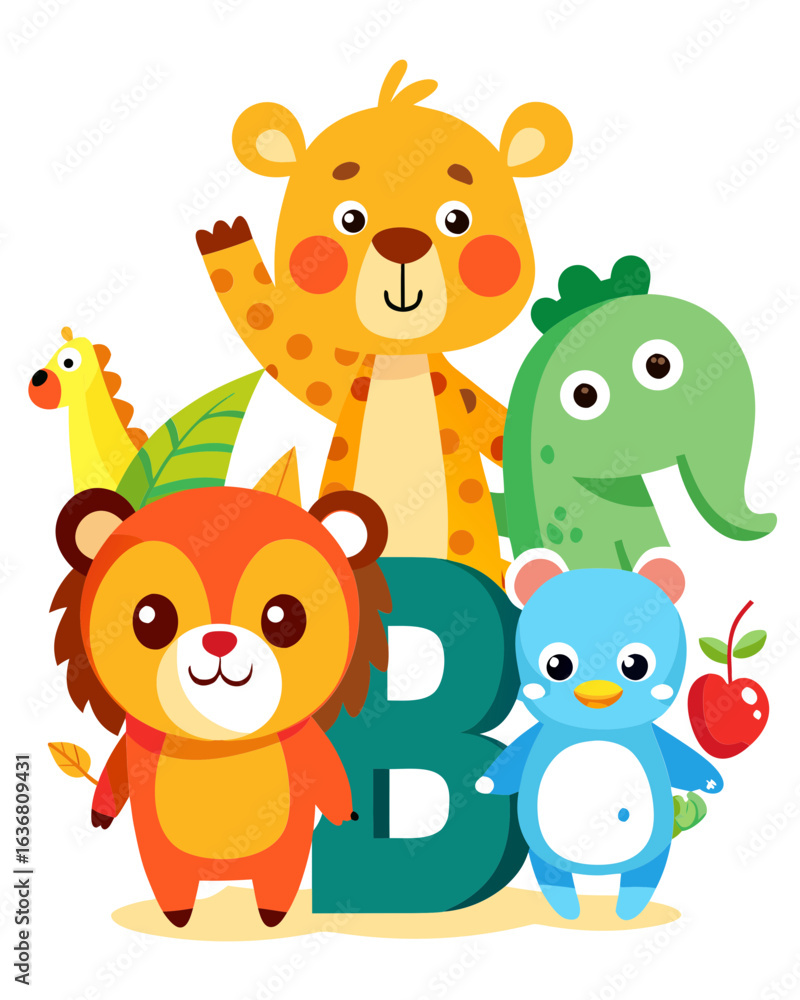 Naklejka premium Colorful Kids Learning Alphabet with Fun Cartoon Animals – Vector Illustration