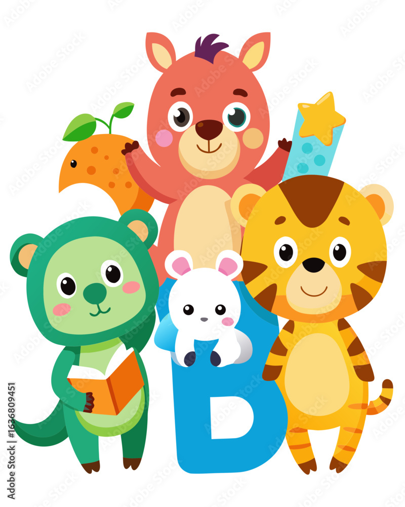Obraz premium Colorful Kids Learning Alphabet with Fun Cartoon Animals – Vector Illustration