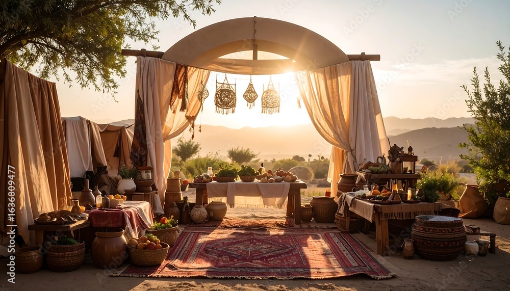 Fototapeta premium Outdoor Dining Setup at Sunset with Curtains and Decorative Rug
