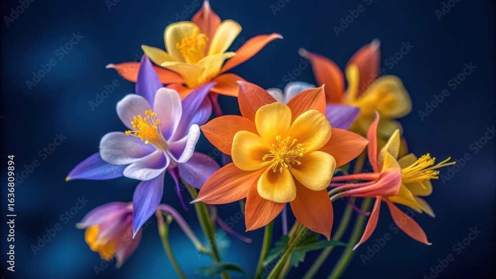 Naklejka premium Vibrant bouquet of colorful columbine flowers with delicate petals and spurs against a dark blue background