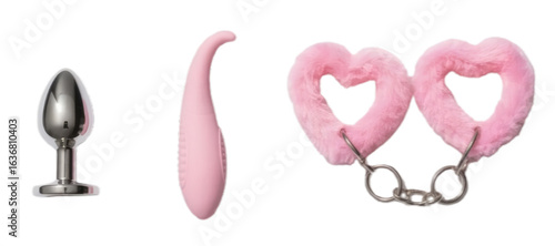Intimate woman sex toys transparent PNG cutout set bundle, isolated background. Butt plug, vibrator, fluffy pink handcuffs, foreplay, pleasure, games graphic resource