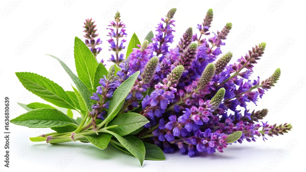Fototapeta premium Beautiful Arrangement of Purple Salvia Flowers and Green Leaves on White Background