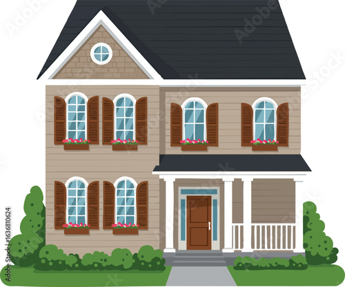 Two story suburban house with brown shutters and green shrubbery vector illustration 