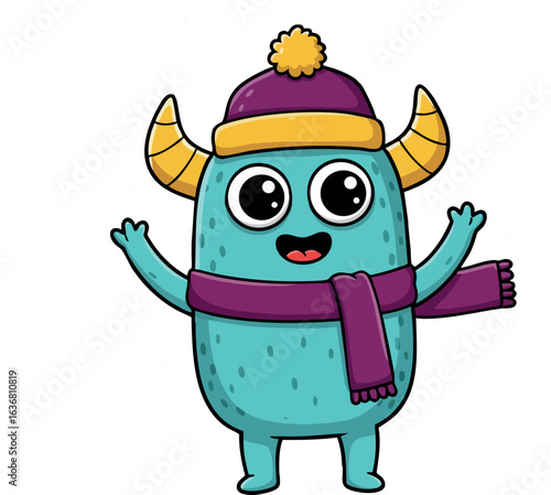 Cute blue cartoon monster wearing purple scarf and winter hat with yellow pompom vector illustration 