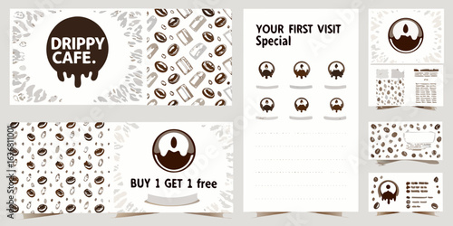 Drippy cafe branding and marketing materials with coffee bean motifs