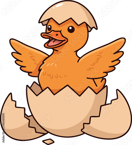 Cute orange baby duck hatching from eggshell vector illustration for children designs 