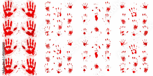 Collection of red bloody handprints and splatters on white background