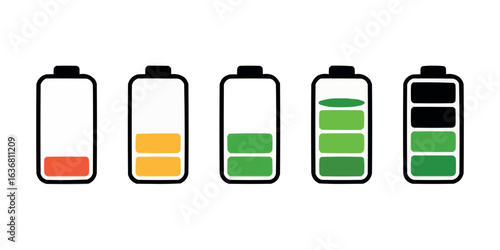 Battery charge level indicators depicting progress and depletion in devices showcasing energy consumption and power management technologies