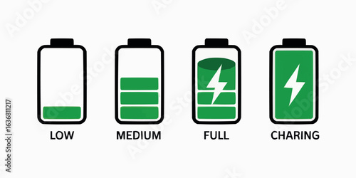 Battery Level Indicators Low Medium Full and Charging on a Clean White Background Displaying Energy Status