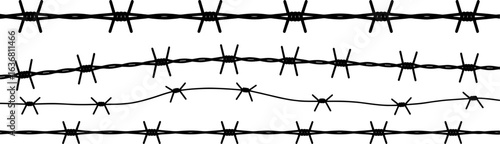 Collection of barbed wire fence silhouettes isolated on white background
