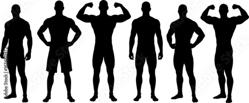 Set of muscular men and bodybuilder silhouettes in various fitness poses