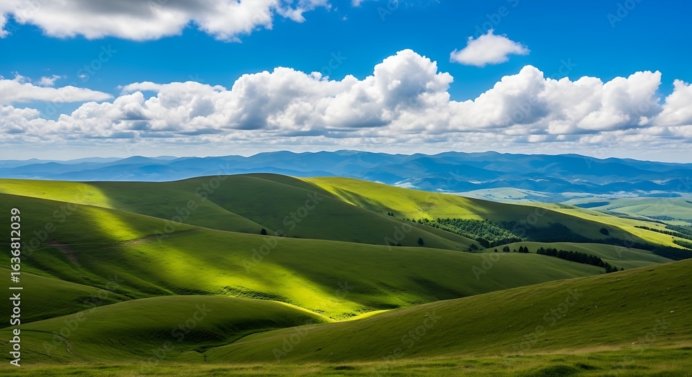 Obraz premium Rolling green hills under a bright blue sky with fluffy white clouds create a peaceful and scenic landscape