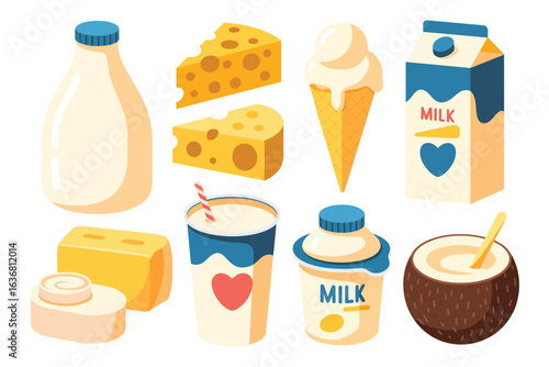 Collection of dairy products and drinks including milk cheese ice cream and coconut