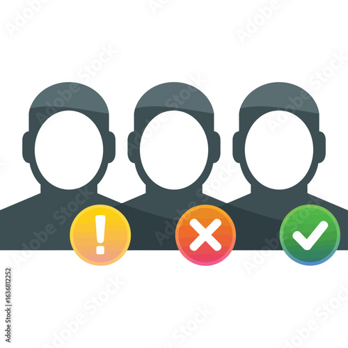 Three silhouettes with status icons indicating decision making