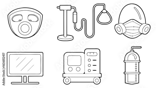 Illustration of medical equipment including oxygen masks monitor and respirator in black and white line art silhouette