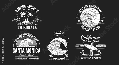 California surf culture graphics with waves, palm trees, and beach town names like santa monica and golden coast, for apparel and design