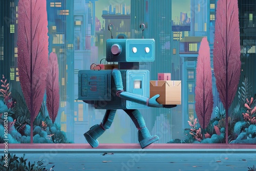 Futuristic robot delivering shopping orders during a bustling Black Friday event in a vibrant cityscape Generative AI