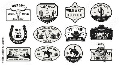 Collection of vintage wild west and desert themed badges, emblems, and logos featuring cowboys, cacti, skulls, horses, and western motifs
