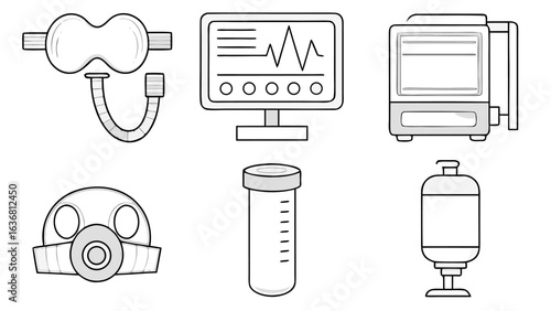 Illustration of medical equipment including mask monitor tube and other hospital apparatus icons line drawing silhouette
