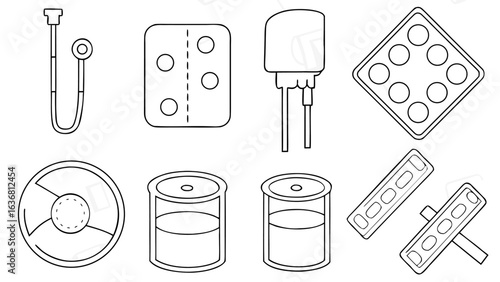 Illustration of various laboratory equipment including tubes, containers, and other scientific apparatus silhouette