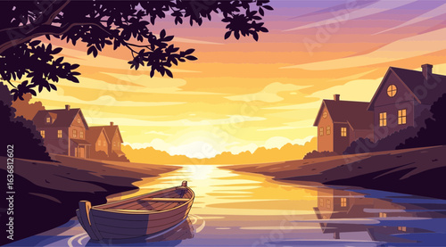 Pixel art landscape of a serene river with a boat at sunset, lined by houses and trees, reflecting the vibrant orange and yellow sky