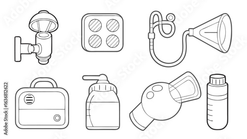Illustration showcasing various medical and laboratory equipment in a line art style design style silhouette