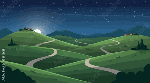 Rolling green hills landscape with winding paths and distant villages under a starry night sky with a bright moon