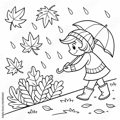 child with autumn leaves Cute girl in beautiful Autumn Leaves on the fall season rainy day vector coloring page black and white