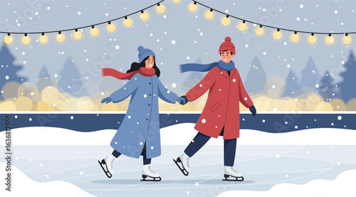 A couple ice skating handinhand during winter, surrounded by falling snow and festive string lights