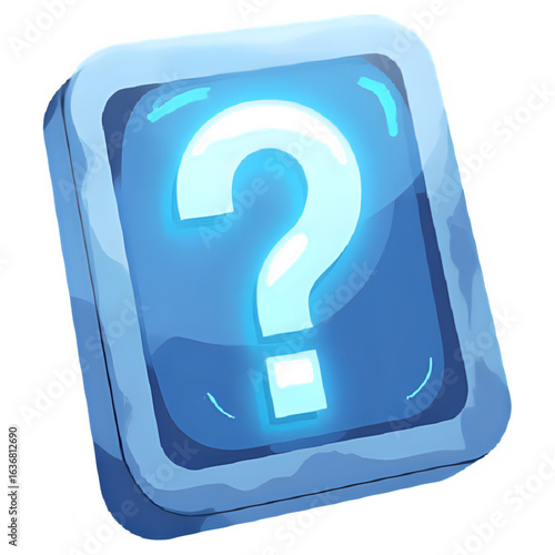 Glowing blue question mark icon on a frosted square button.