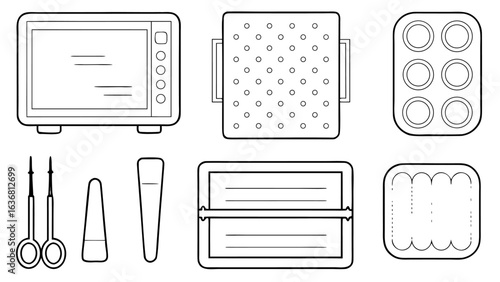 Illustration of a microwave oven, baking sheets, and kitchen utensils in black and white outline silhouette