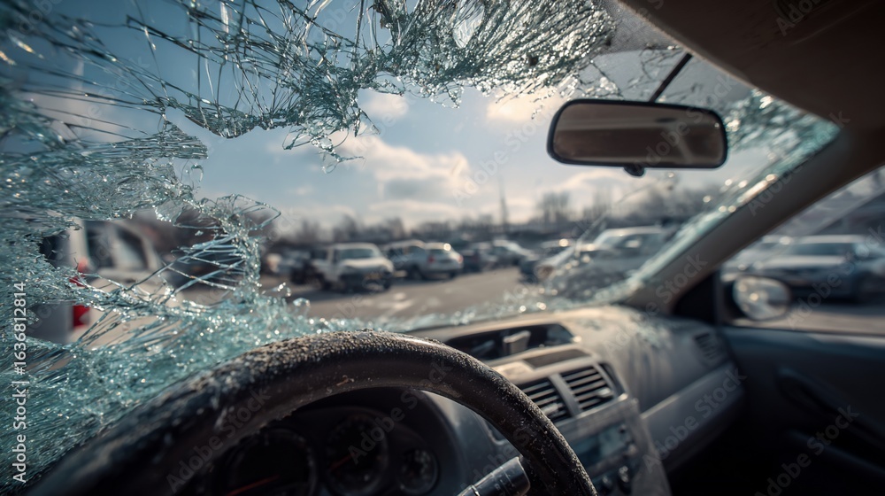 Obraz premium Vehicle damaged front window shattered, interior visible, in outdoor parking lot