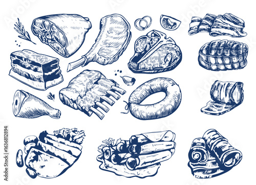 Fresh raw meat products. Sketch engraved style. Hand drawn vector illustration for butcher shop or restaurant menu 