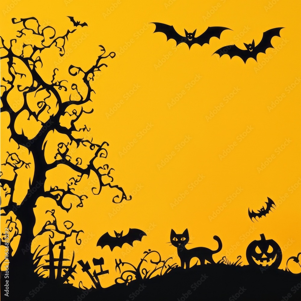 A haunting silhouette image featuring a spooky tree, a black cat, and flying bats against an eerie yellow background, embodying the darker themes of Halloween in a striking way. A haunting silhouette image featuring a spooky tree, a black cat, and flying bats against an eerie yellow background, embodying the darker themes of Halloween in a striking way.