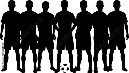 "Flat graphic design featuring seven athletic male silhouettes in short-sleeved jerseys and shorts, arranged symmetrically in a row, facing forward. A clean white background and a central soccer ball 