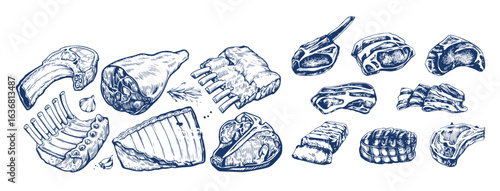 Fresh raw meat products. Sketch engraved style. Hand drawn vector illustration for butcher shop or restaurant menu 