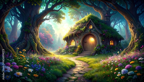 Enchanting forest cottage scene