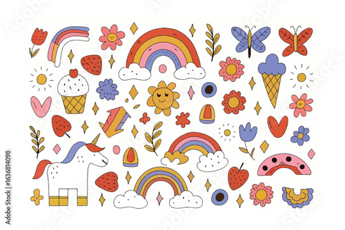 Playful Palette: A delightful collection of colorful illustrations brings a whimsical touch, featuring a charming unicorn, vibrant rainbows, and cheerful flowers.