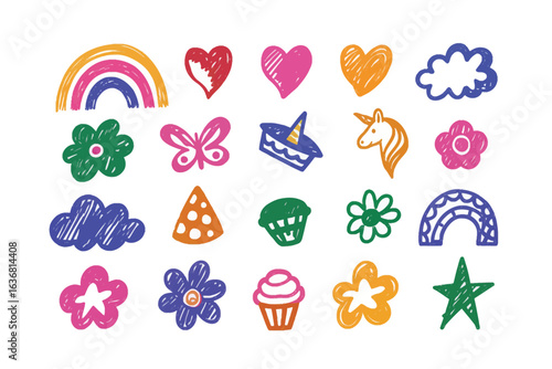 Whimsical Doodle Collection: A charming assortment of hand-drawn illustrations, featuring rainbows, hearts, and stars, adding a touch of playful joy and creativity. 