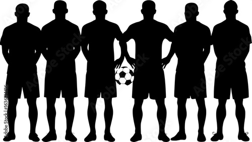 "Minimalist vector illustration of seven male soccer players standing in a straight line, shoulder to shoulder, in full silhouette style on a white background, with a soccer ball centered beneath the 
