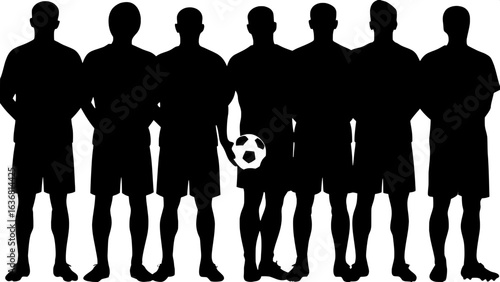 "Minimalist vector illustration of seven male soccer players standing in a straight line, shoulder to shoulder, in full silhouette style on a white background, with a soccer ball centered beneath the 